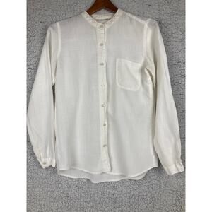 Eco Pure Button Shirt Women M? White Blouse Band Stand Collar Traditional Korea